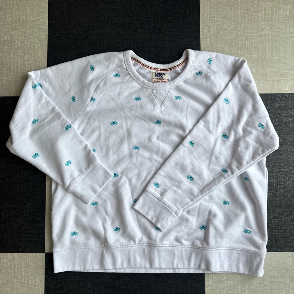 Lands’ End XL Petite White Crab Embroidered Crewneck Sweatshirt